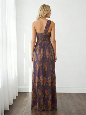 Floral Chiffon One Shoulder Pleated Maxi Wedding Guest Dresses