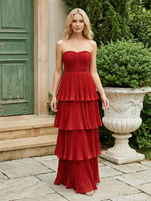 Chiffon Strapless Tiered Pleated Long Prom Dresses