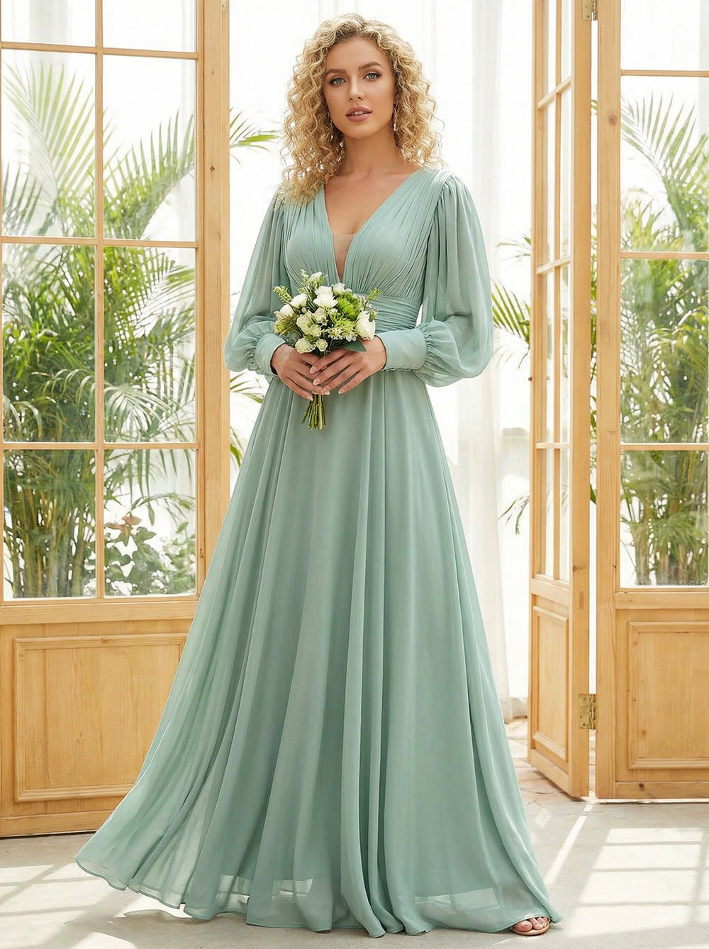 Chiffon V Neck Long Sleeves Pleated Bridesmaid Dresses