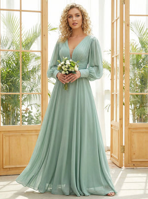 Chiffon V Neck Long Sleeves Pleated Bridesmaid Dresses