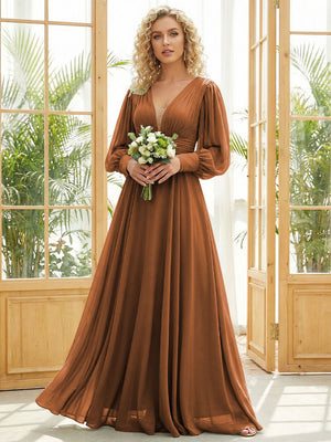 Chiffon V Neck Long Sleeves Pleated Bridesmaid Dresses