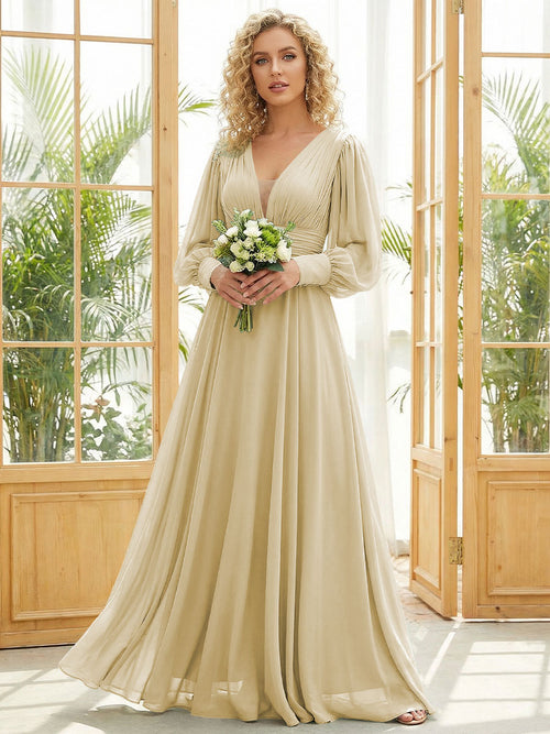Chiffon V Neck Long Sleeves Pleated Bridesmaid Dresses