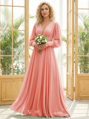 Chiffon V Neck Long Sleeves Pleated Bridesmaid Dresses