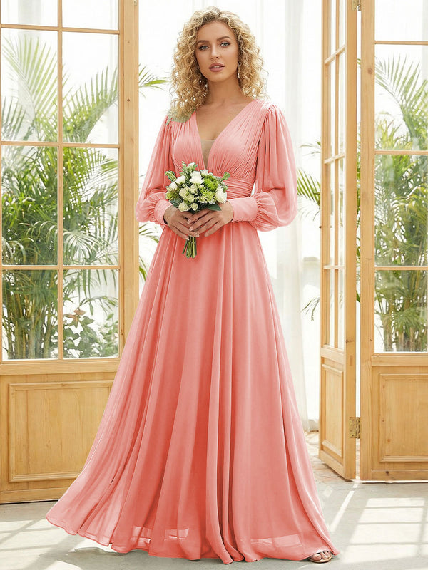 Chiffon V Neck Long Sleeves Pleated Bridesmaid Dresses