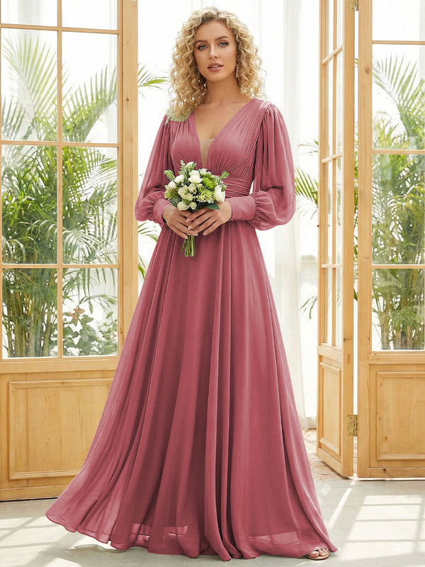 Chiffon V Neck Long Sleeves Pleated Bridesmaid Dresses