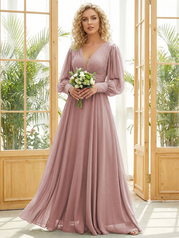 Chiffon V Neck Long Sleeves Pleated Bridesmaid Dresses