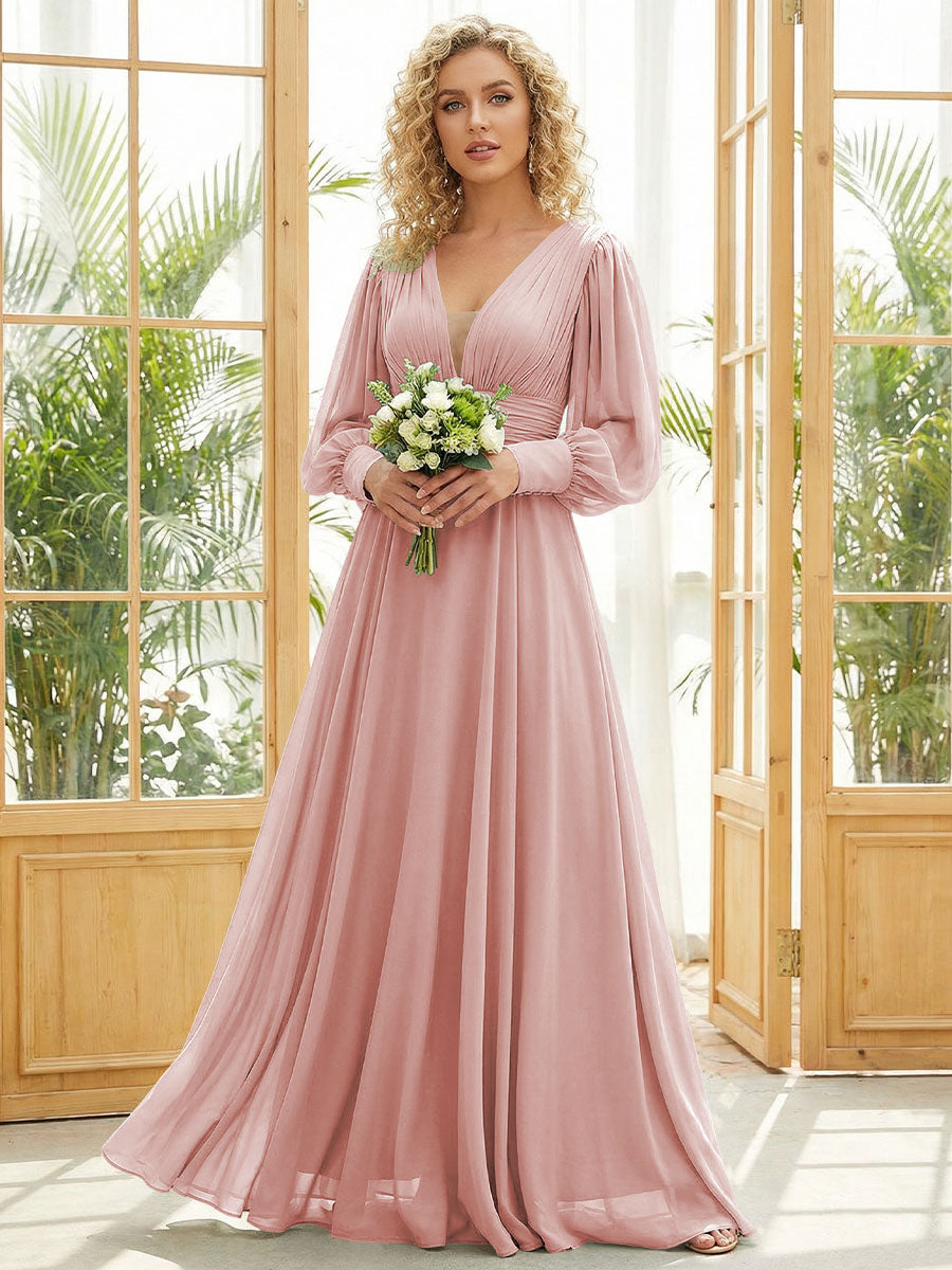Chiffon V Neck Long Sleeves Pleated Bridesmaid Dresses