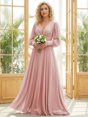 Chiffon V Neck Long Sleeves Pleated Bridesmaid Dresses
