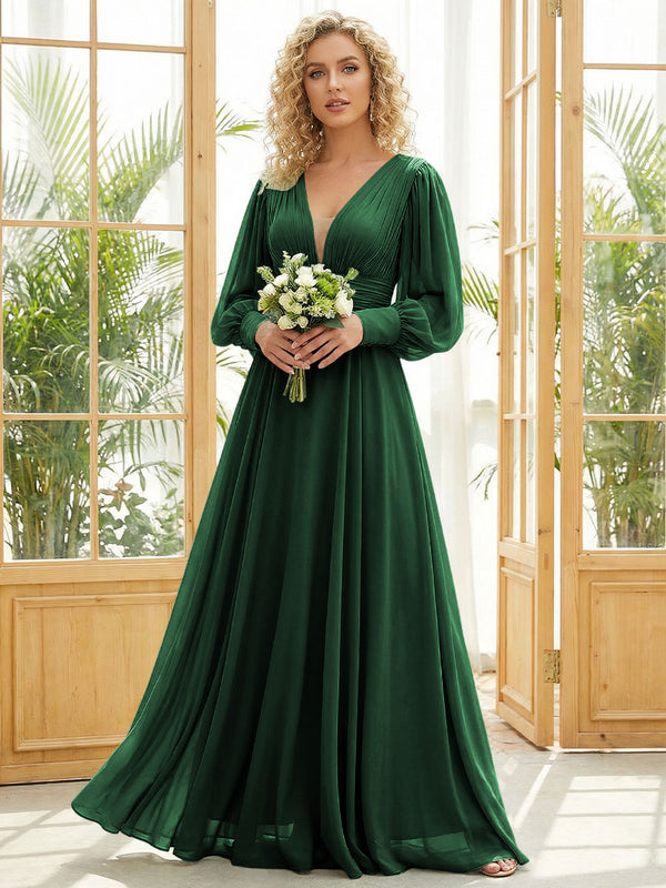 Chiffon V Neck Long Sleeves Pleated Bridesmaid Dresses