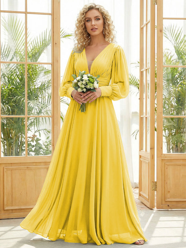 Chiffon V Neck Long Sleeves Pleated Bridesmaid Dresses