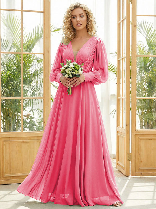 Chiffon V Neck Long Sleeves Pleated Bridesmaid Dresses