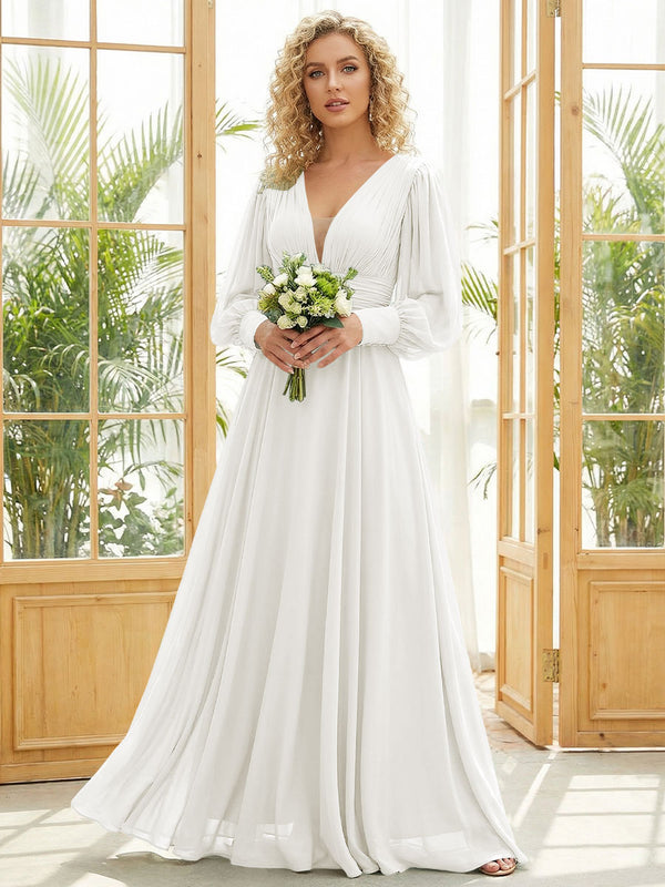 Chiffon V Neck Long Sleeves Pleated Bridesmaid Dresses
