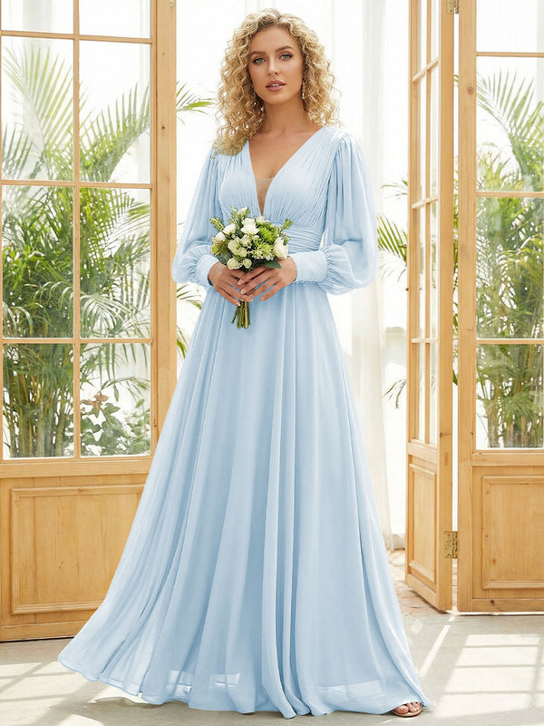 Chiffon V Neck Long Sleeves Pleated Bridesmaid Dresses