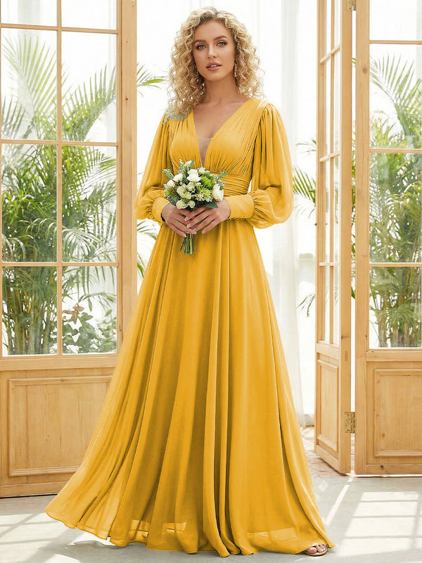 Chiffon V Neck Long Sleeves Pleated Bridesmaid Dresses