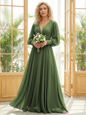 Chiffon V Neck Long Sleeves Pleated Bridesmaid Dresses