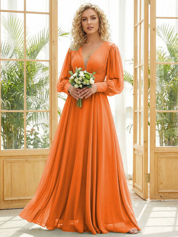 Chiffon V Neck Long Sleeves Pleated Bridesmaid Dresses
