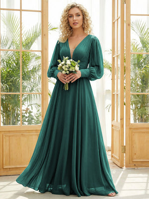 Chiffon V Neck Long Sleeves Pleated Bridesmaid Dresses