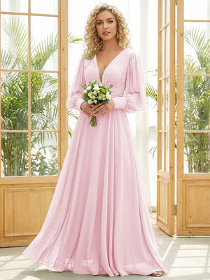 Chiffon V Neck Long Sleeves Pleated Bridesmaid Dresses