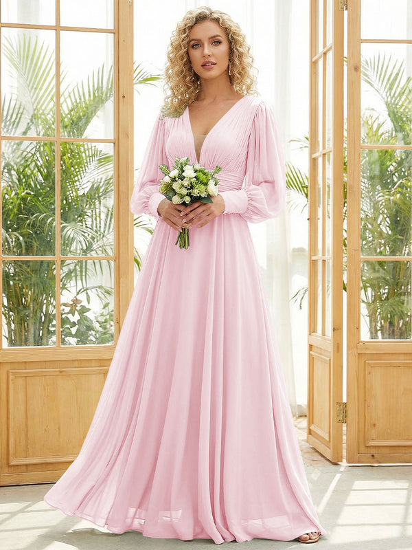 Chiffon V Neck Long Sleeves Pleated Bridesmaid Dresses
