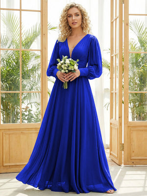 Chiffon V Neck Long Sleeves Pleated Bridesmaid Dresses