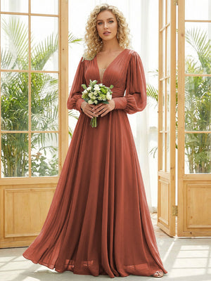 Chiffon V Neck Long Sleeves Pleated Bridesmaid Dresses