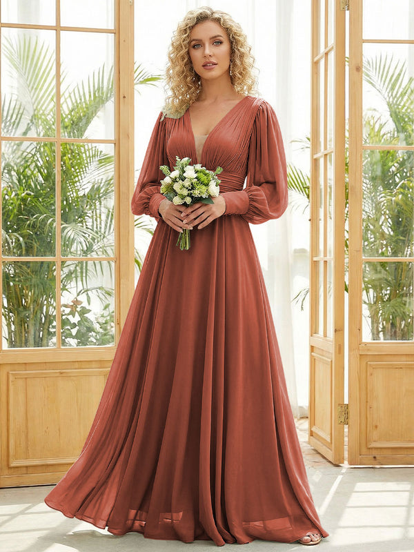 Chiffon V Neck Long Sleeves Pleated Bridesmaid Dresses