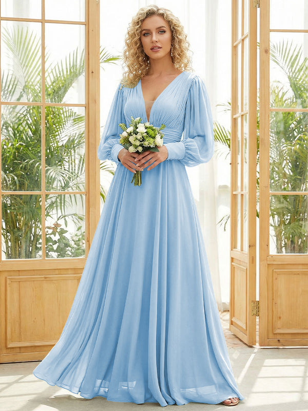 Chiffon V Neck Long Sleeves Pleated Bridesmaid Dresses
