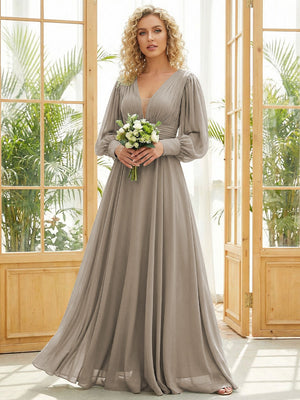 Chiffon V Neck Long Sleeves Pleated Bridesmaid Dresses