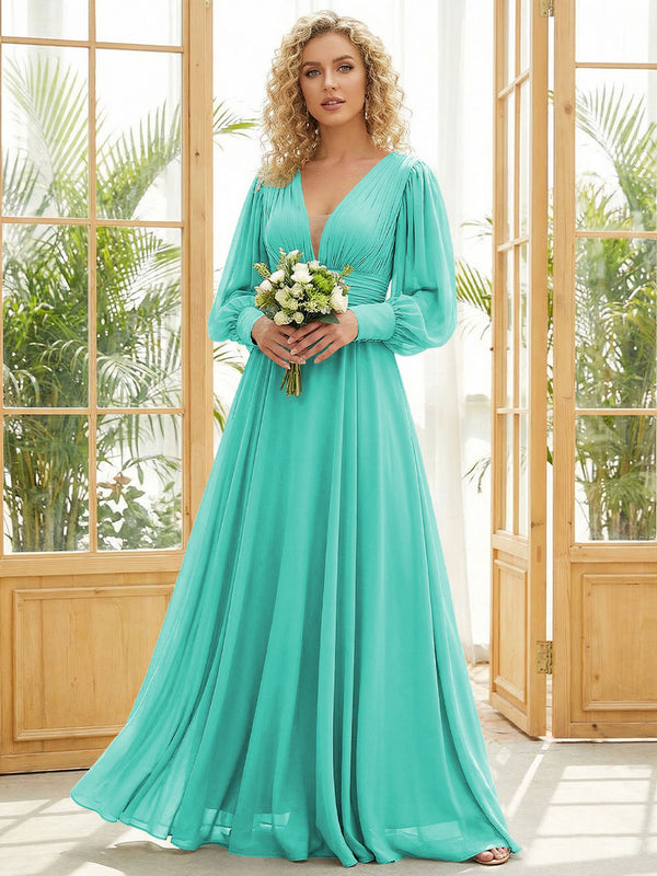 Chiffon V Neck Long Sleeves Pleated Bridesmaid Dresses
