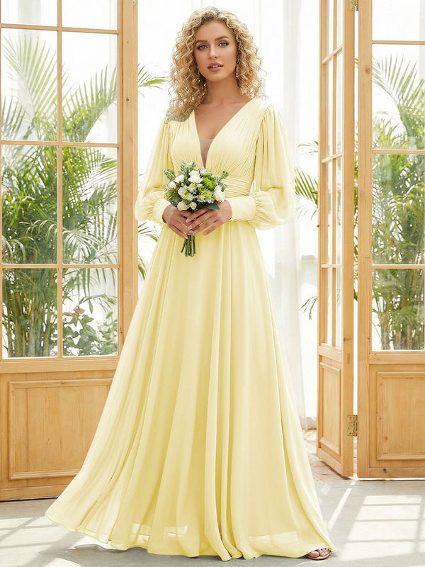 Chiffon V Neck Long Sleeves Pleated Bridesmaid Dresses