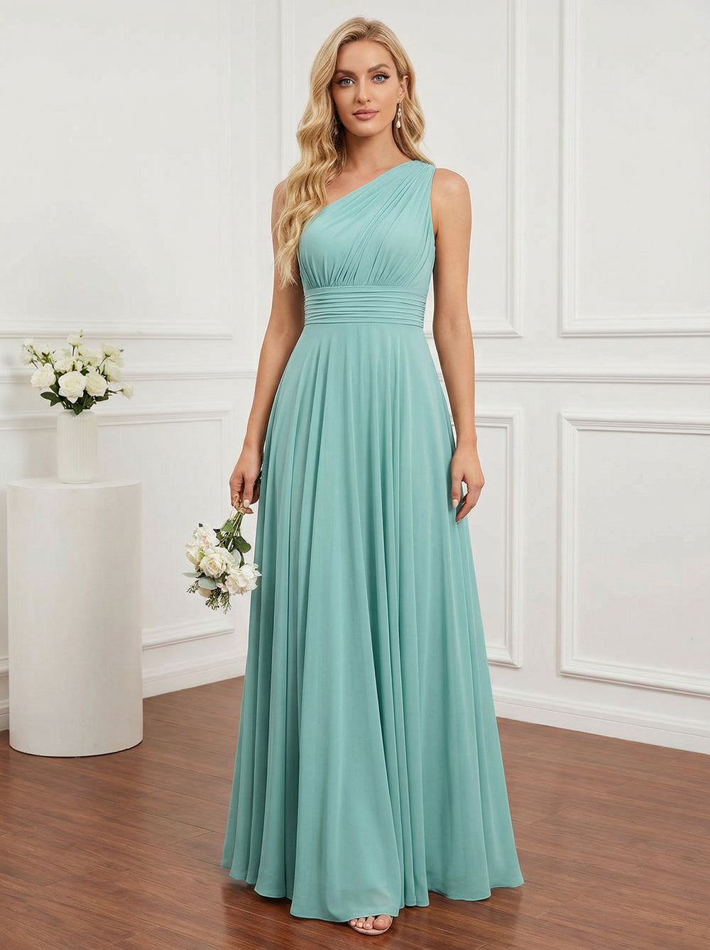 Chiffon One Shoulder Pleated Bridesmaid Dresses with Back Tie