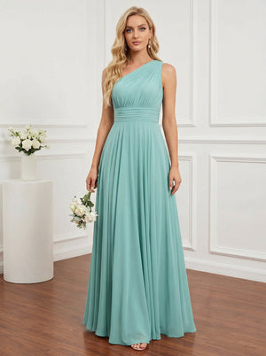Chiffon One Shoulder Pleated Bridesmaid Dresses with Back Tie