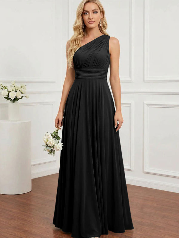 Chiffon One Shoulder Pleated Bridesmaid Dresses with Back Tie