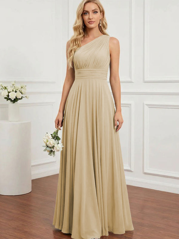 Chiffon One Shoulder Pleated Bridesmaid Dresses with Back Tie