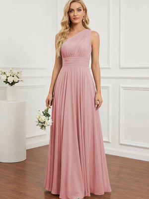 Chiffon One Shoulder Pleated Bridesmaid Dresses with Back Tie