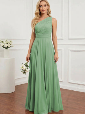 Chiffon One Shoulder Pleated Bridesmaid Dresses with Back Tie