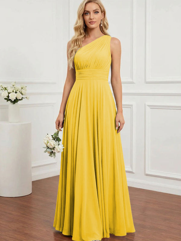 Chiffon One Shoulder Pleated Bridesmaid Dresses with Back Tie