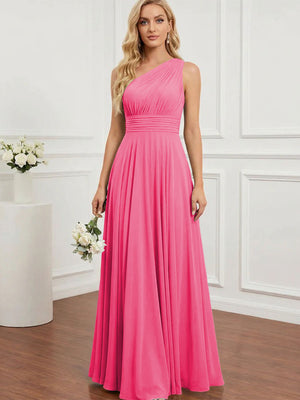 Chiffon One Shoulder Pleated Bridesmaid Dresses with Back Tie