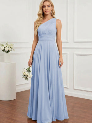 Chiffon One Shoulder Pleated Bridesmaid Dresses with Back Tie