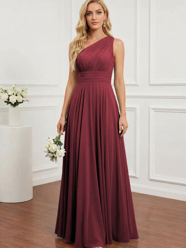 Chiffon One Shoulder Pleated Bridesmaid Dresses with Back Tie