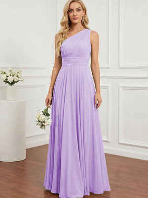 Chiffon One Shoulder Pleated Bridesmaid Dresses with Back Tie