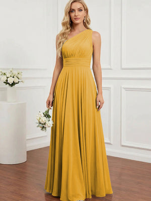 Chiffon One Shoulder Pleated Bridesmaid Dresses with Back Tie