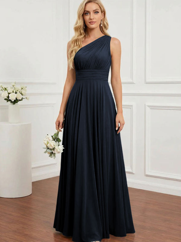 Chiffon One Shoulder Pleated Bridesmaid Dresses with Back Tie