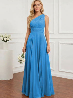 Chiffon One Shoulder Pleated Bridesmaid Dresses with Back Tie