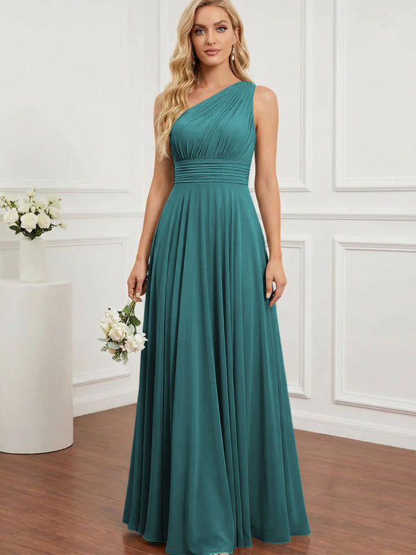 Chiffon One Shoulder Pleated Bridesmaid Dresses with Back Tie