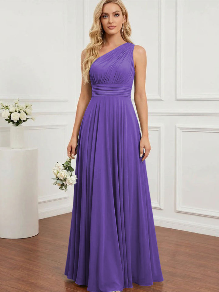 Chiffon One Shoulder Pleated Bridesmaid Dresses with Back Tie