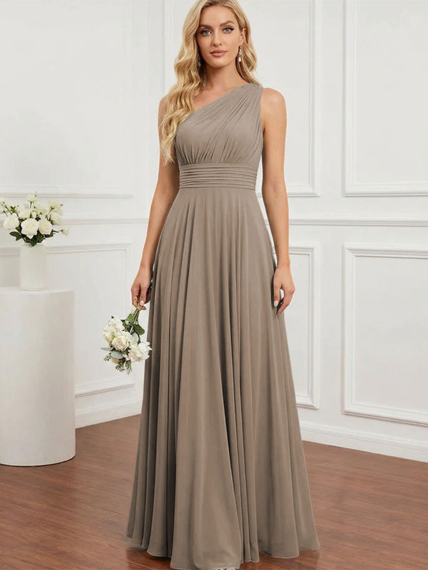 Chiffon One Shoulder Pleated Bridesmaid Dresses with Back Tie