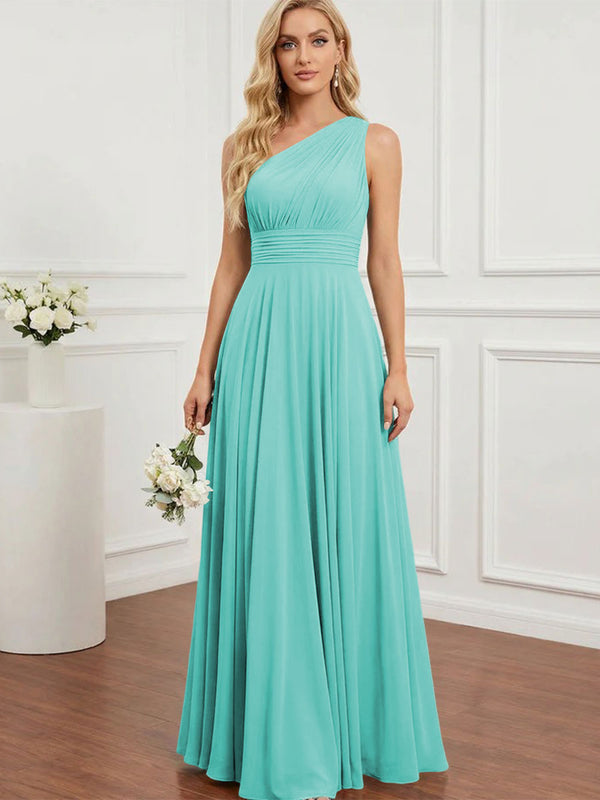 Chiffon One Shoulder Pleated Bridesmaid Dresses with Back Tie