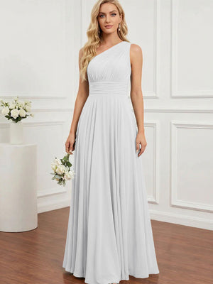 Chiffon One Shoulder Pleated Bridesmaid Dresses with Back Tie