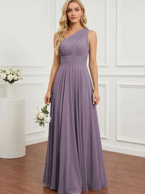 Chiffon One Shoulder Pleated Bridesmaid Dresses with Back Tie